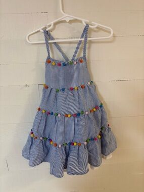 Tommy Bahama Girls Seersucker Pom Pom Dress Blue Striped 4T